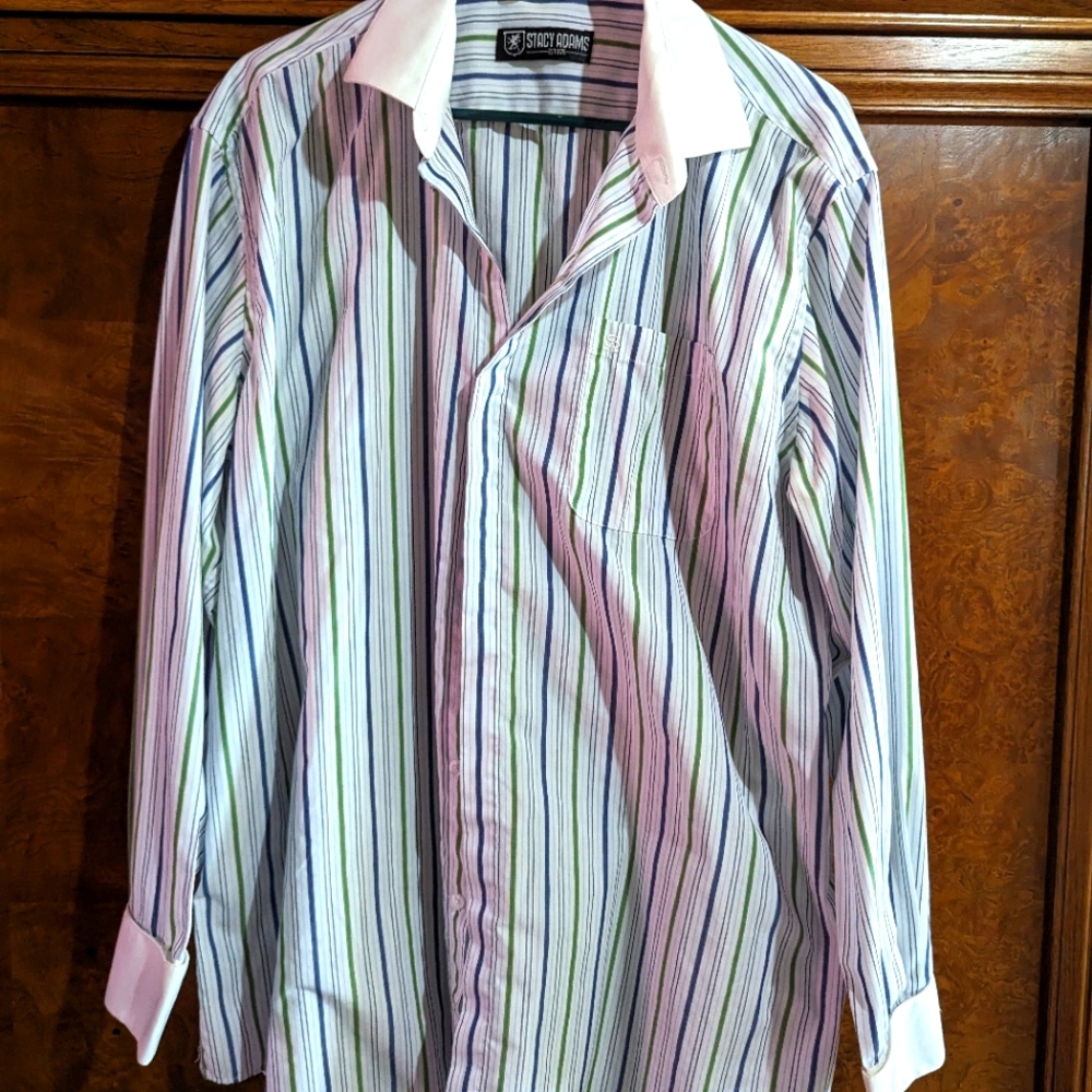 A striped shirt that can either go with sports pants or suit